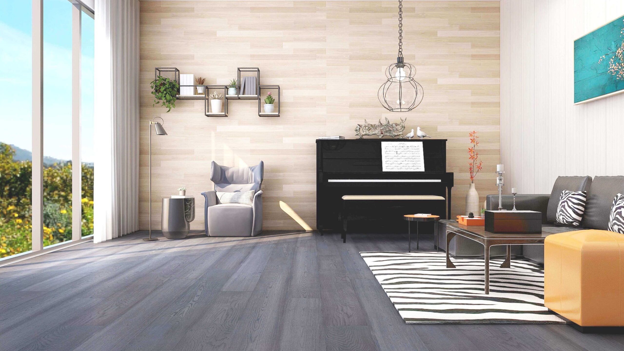 STORM DELUXE Waterproof Plank Hybrid Flooring in piano room