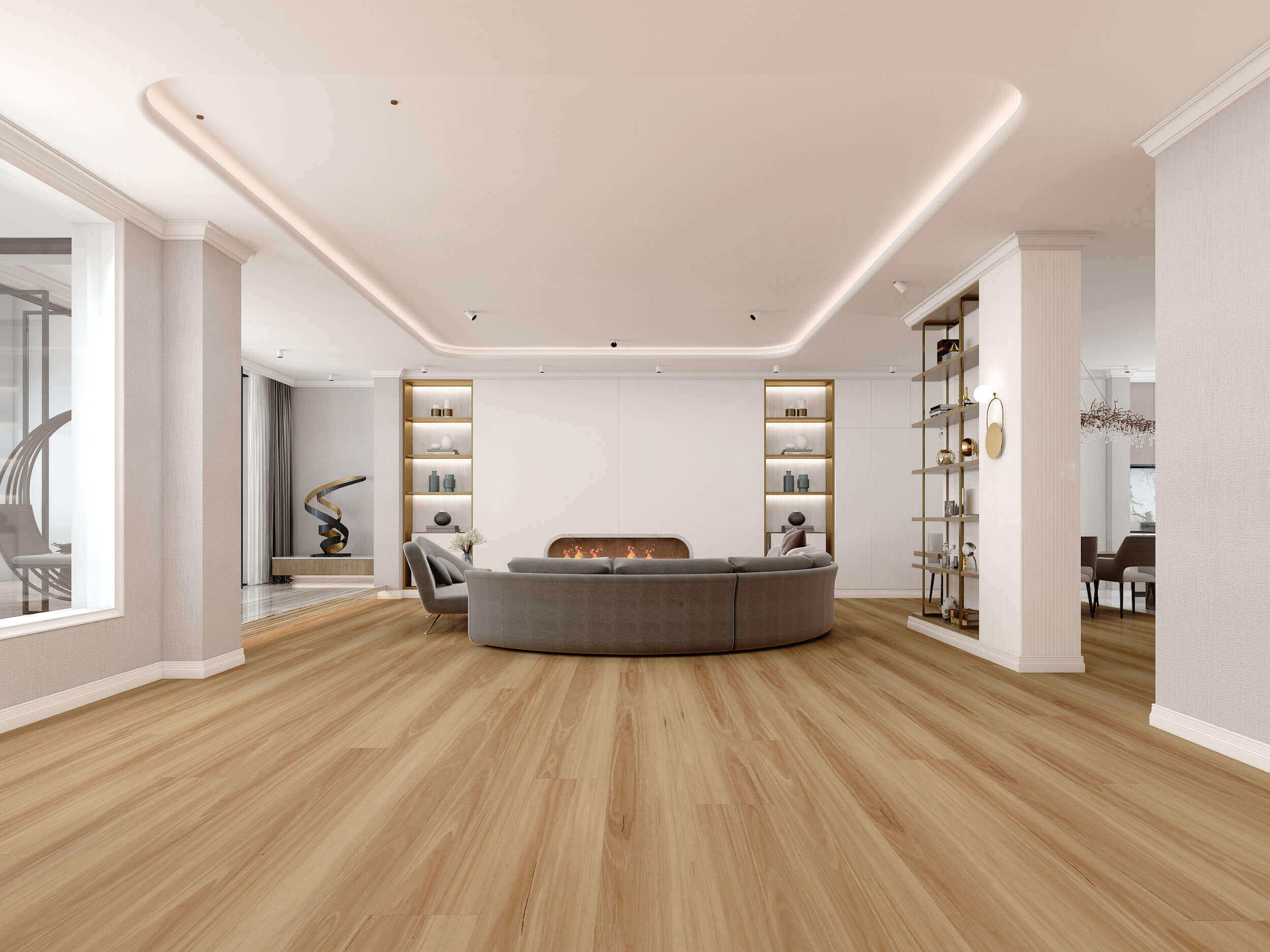 Light colour Hybrid flooring in modern living room.