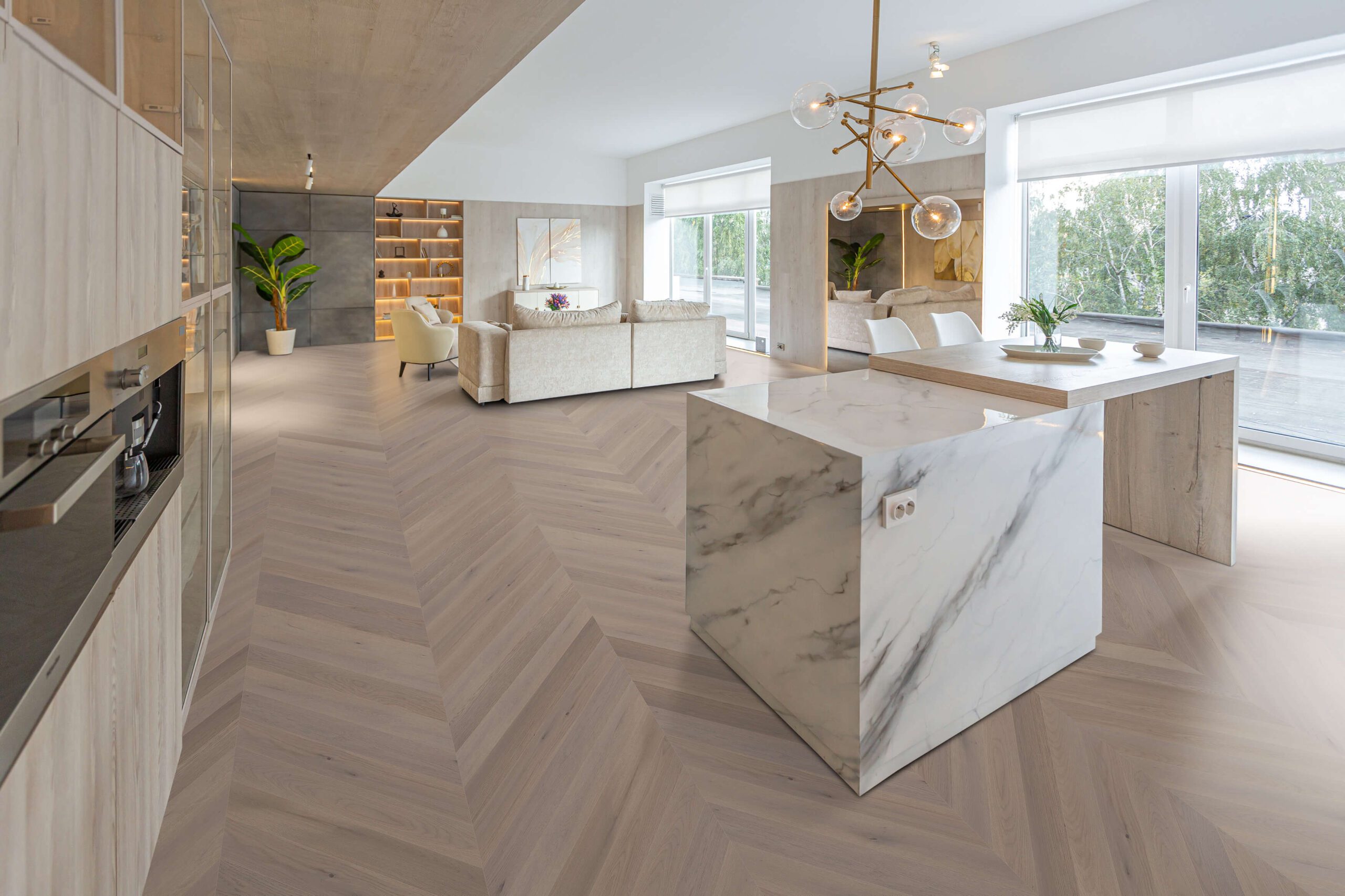 Chevron flooring is a stylish and sophisticated option that features a distinctive V-shaped pattern, creating a visually striking and dynamic look. This pattern has a long history and has been used in architecture and design for centuries, adding a touch of elegance and character to floors. Here are some key features and benefits of chevron flooring